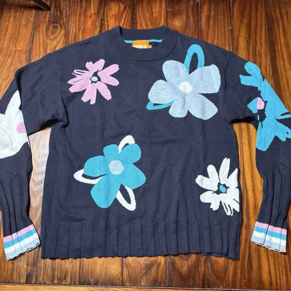 WISPR Brodie Floral Pullover Sweater Cotton Silk M Blue Pink Fun Retro A1826